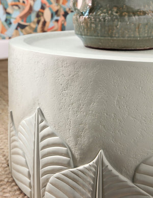 Hooker Furniture Commerce Amelia Round Cocktail Table — Textured Cream Plaster Finish, Embossed Leaf Motif, Casters, Durable Wood-Resin Construction 7228-80229-02