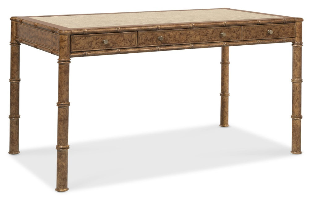 Hooker Furniture Archives Writing Desk With Faux-Tortoise Shell Accent, Woven Cane Top, Glass Surface & 3 Drawers 6123-10458-80
