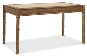 Hooker Furniture Archives Writing Desk With Faux-Tortoise Shell Accent, Woven Cane Top, Glass Surface & 3 Drawers 6123-10458-80