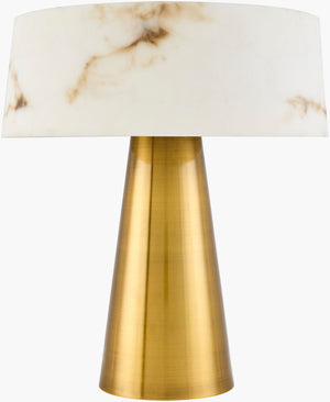 Surya Jesmond Accent Table Lamp - 16" Arts & Crafts Design With Durable Iron Body & Stone Shade For Elegance Body, Metallic ,Brass,Shade, White,Cord, Translucent Iron,Stone,Stone Jsm-001