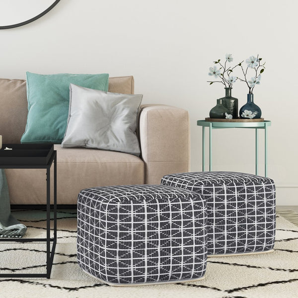 English Elm Noreen Square Pouf Ottoman — Handcrafted Cotton Woven Pattern, Supportive Dense Bead Filling, 18" Dark Gray B136P159331