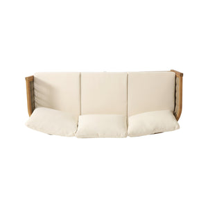 English Elm Christopher Knight Home® - 76.5'' Acacia Wood Round Wicker 3-Seater Outdoor Sofa with Teak Finish, Water-Resistant Beige Cushions 74133.00