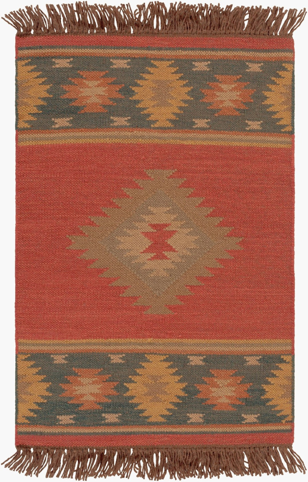 Livabliss Jewel Tone Flatweave Wool Area Rug Handwoven in India with Bohemian Fringe Border Dark Blue, Rust 2' x 3' JT1033-23