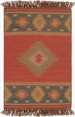 Livabliss Jewel Tone Flatweave Wool Area Rug Handwoven in India with Bohemian Fringe Border Dark Blue, Rust 2' x 3' JT1033-23