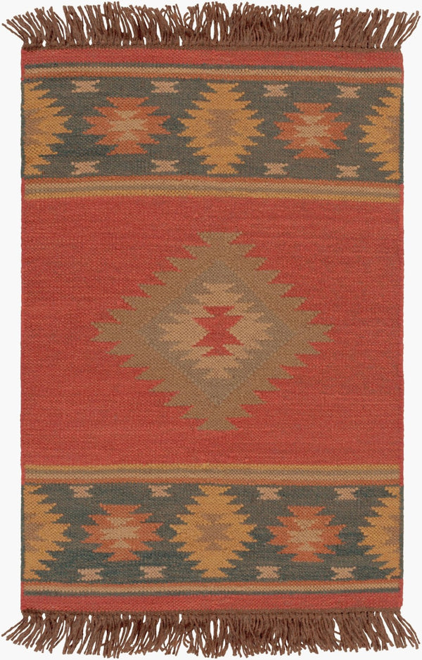 Livabliss Jewel Tone Flatweave Wool Area Rug Handwoven in India with Bohemian Fringe Border Dark Blue, Rust 2' x 3' JT1033-23