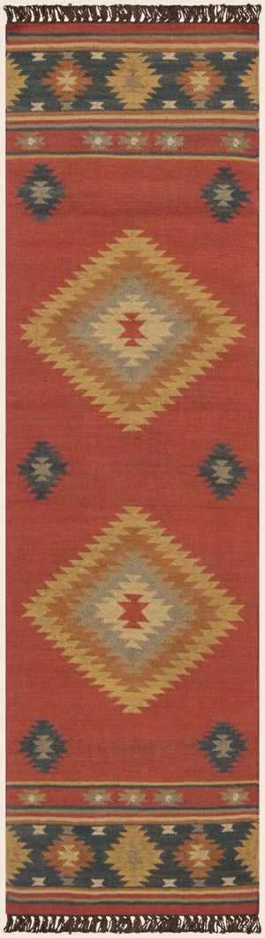 Livabliss Jewel Tone Flatweave Wool Area Rug Handwoven in India with Bohemian Fringe Border Dark Blue, Rust 2'6" x 8' JT1033-268