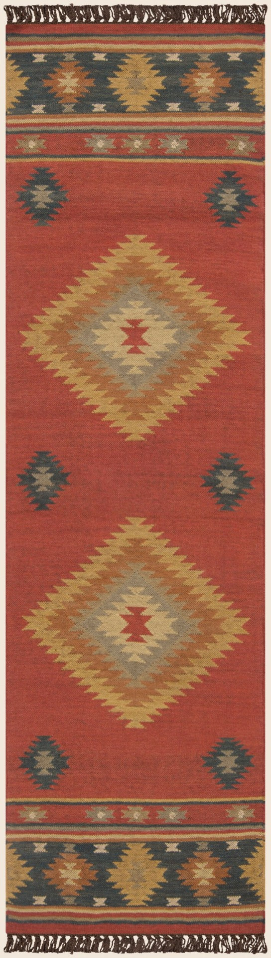 Livabliss Jewel Tone Flatweave Wool Area Rug Handwoven in India with Bohemian Fringe Border Dark Blue, Rust 2'6" x 8' JT1033-268