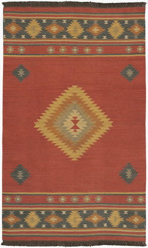 Livabliss Jewel Tone Flatweave Wool Area Rug Handwoven in India with Bohemian Fringe Border Dark Blue, Rust 9' x 13' JT1033-913