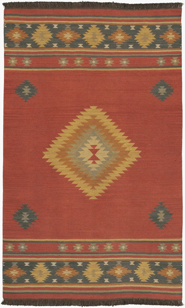 Livabliss Jewel Tone Flatweave Wool Area Rug Handwoven in India with Bohemian Fringe Border Dark Blue, Rust 9' x 13' JT1033-913
