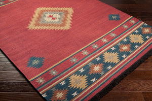 Livabliss Jewel Tone Flatweave Wool Area Rug Handwoven in India with Bohemian Fringe Border Dark Blue, Rust 2'6" x 8' JT1033-268
