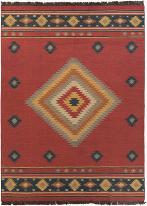 Livabliss Jewel Tone Flatweave Wool Area Rug Handwoven in India with Bohemian Fringe Border Dark Blue, Rust 8' x 11' JT1033-811