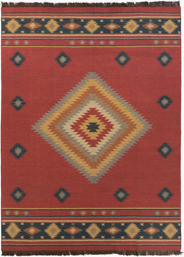 Livabliss Jewel Tone Flatweave Wool Area Rug Handwoven in India with Bohemian Fringe Border Dark Blue, Rust 8' x 11' JT1033-811