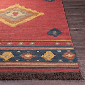 Livabliss Jewel Tone Flatweave Wool Area Rug Handwoven in India with Bohemian Fringe Border Dark Blue, Rust 2'6" x 8' JT1033-268