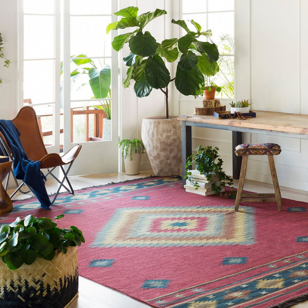 Livabliss Jewel Tone Flatweave Wool Area Rug Handwoven in India with Bohemian Fringe Border Dark Blue, Rust 2'6" x 8' JT1033-268