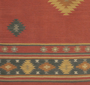 Livabliss Jewel Tone Flatweave Wool Area Rug Handwoven in India with Bohemian Fringe Border Dark Blue, Rust 2'6" x 8' JT1033-268