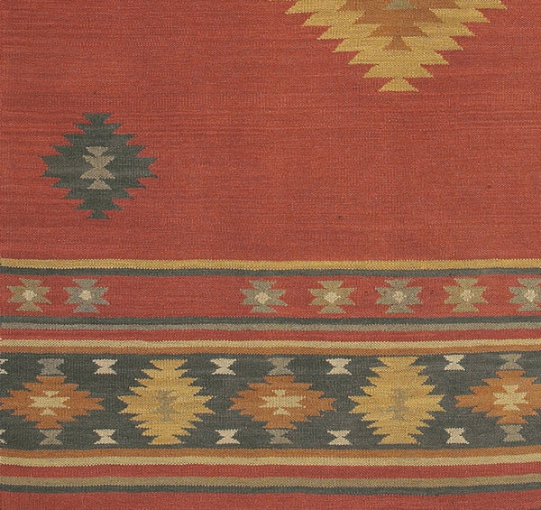 Livabliss Jewel Tone Flatweave Wool Area Rug Handwoven in India with Bohemian Fringe Border Dark Blue, Rust 2'6" x 8' JT1033-268