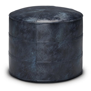 English Elm Connor Round Pouf - Artisan-Crafted Distressed Navy Blue Leather Accent For Stylish Living Spaces B136P159339