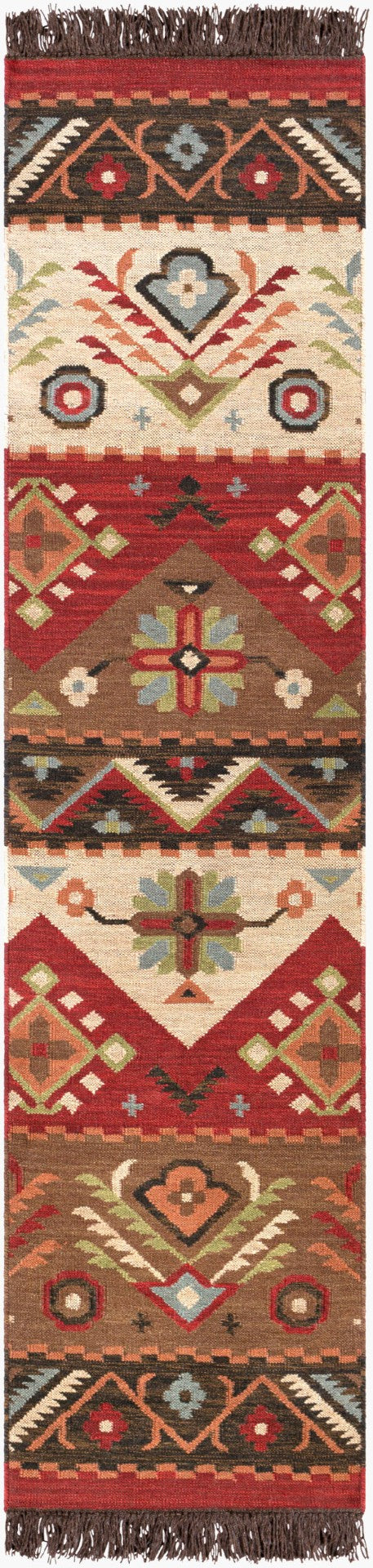 Livabliss Jewel Tone Handwoven Wool Flatweave Area Rug with Knotted Fringe for Bohemian Spaces Light Beige, Bu 2' x 8' JT8-28