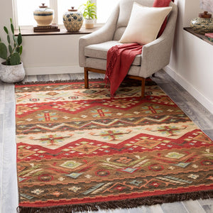 Livabliss Jewel Tone Handwoven Wool Flatweave Area Rug with Knotted Fringe for Bohemian Spaces Light Beige, Bu 6' x 9' JT8-69