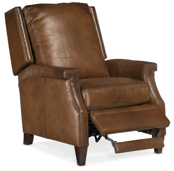 Hooker Furniture Collin Aniline Top-Grain Leather Push-Back Recliner With Nailhead Trim And Winged Back Elegance Medium Brown RC379-PB-083