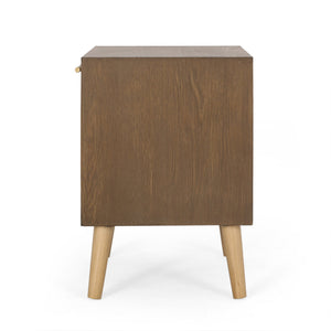 English Elm Christopher Knight Home® - END TABLE Walnut Contemporary Engineered Wood with Rattan Accents, Drawer Storage & Antique Gold Pull 71097.00