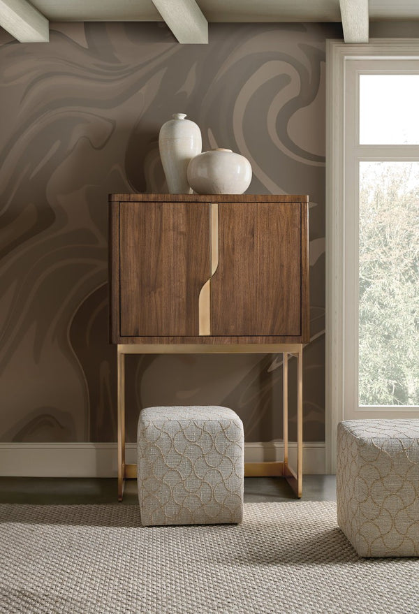 Hooker Furniture Eleana Light Caramel Walnut Bar On Stand With Sunlit Bronze Accents, Backlit Cabinet & Adjustable Shelves 7252-50160-85