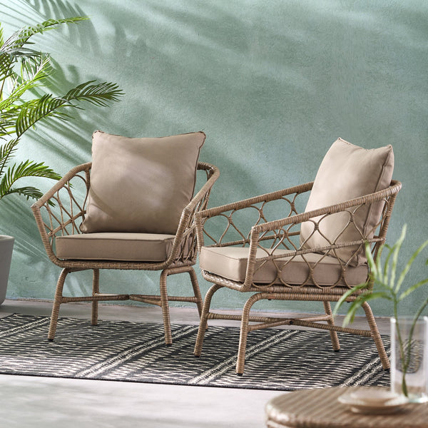 English Elm Christopher Knight Home® - BRUCE Club Chair Set - Brown PE Rattan & Iron Frame, Boho Outdoor Seating with Water-Resistant Cushions 70415.00LBRN