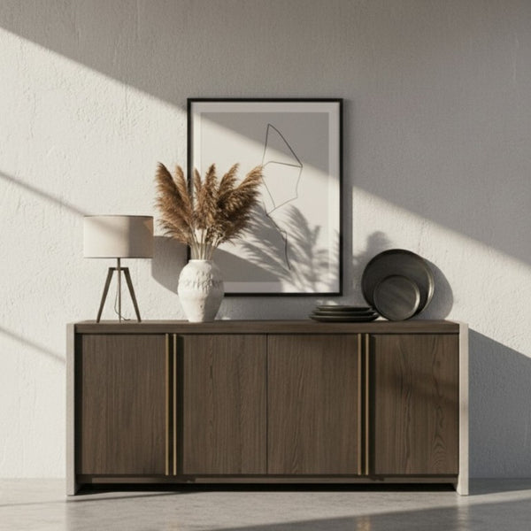 VIG Furniture June Solid Walnut Buffet With Dark-Grey Concrete Finish, Brass Handles, Ample Storage & No Assembly VGGR639083-WAL-BUF