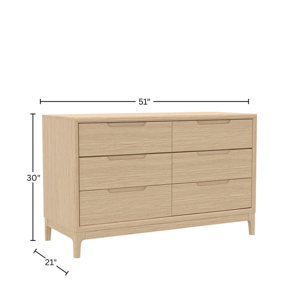 June Six Drawer Dresser Warm Oak Finish Soft Close Glides for Modern Bedrooms