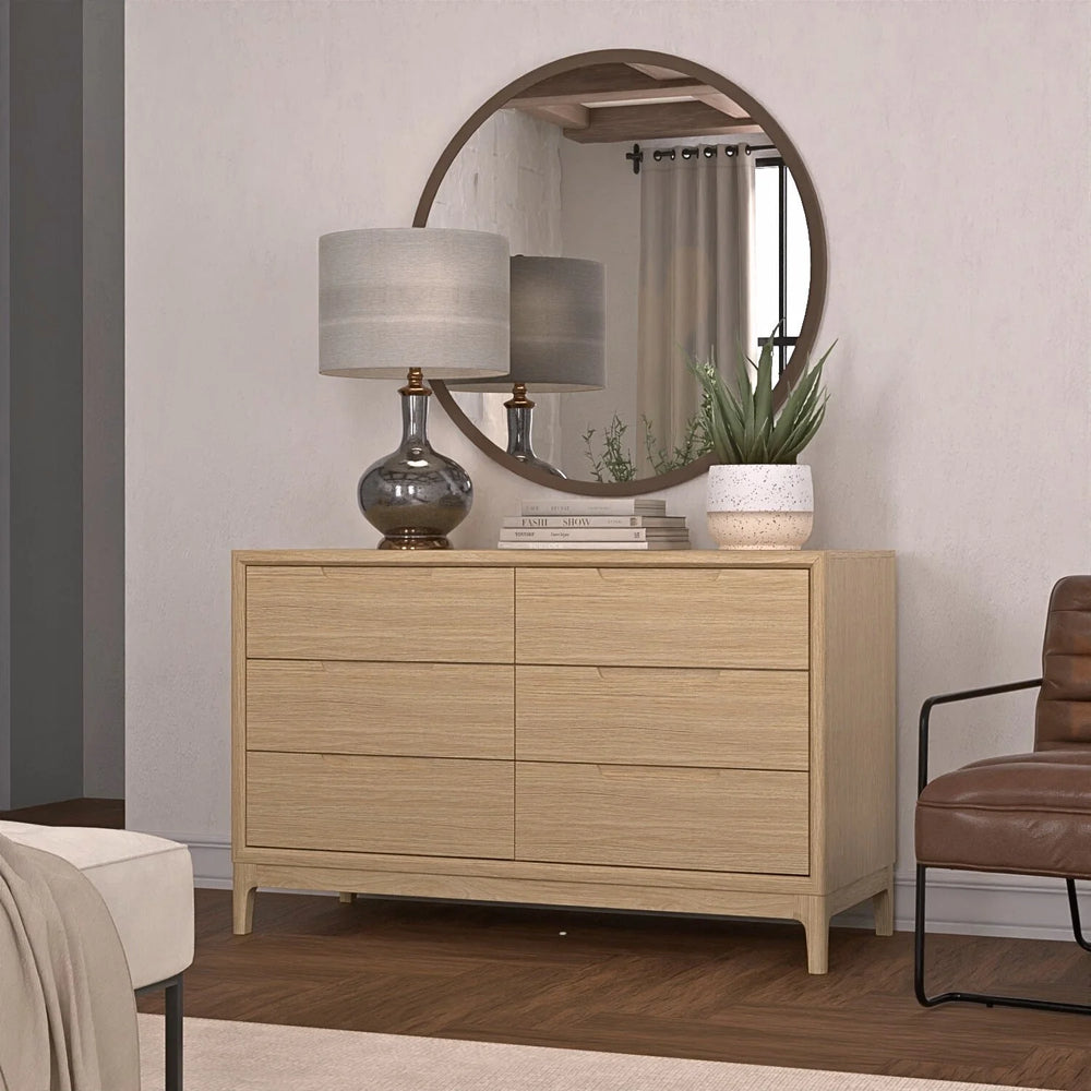 Alpine Furniture June Six Drawer Dresser Warm Oak Finish Soft Close Glides for Modern Bedrooms 2359OAK-73