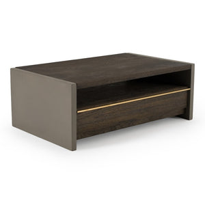 VIG Furniture June Solid Walnut Coffee Table With Dark Grey Concrete Panels, Brass Handles, Drawer & 550Lb Capacity VGGR639081-WAL-CT