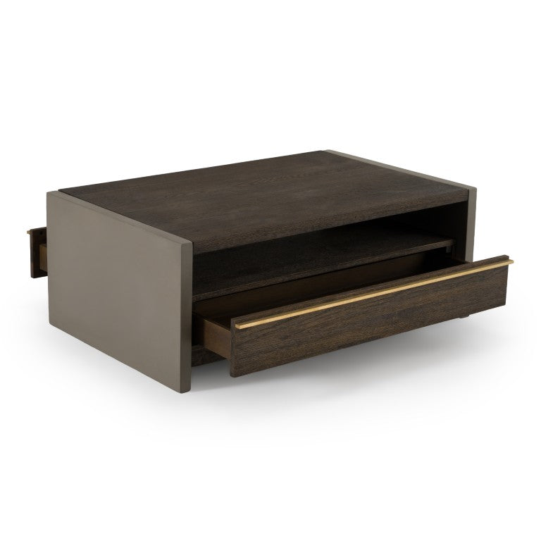 VIG Furniture June Solid Walnut Coffee Table With Dark Grey Concrete Panels, Brass Handles, Drawer & 550Lb Capacity VGGR639081-WAL-CT