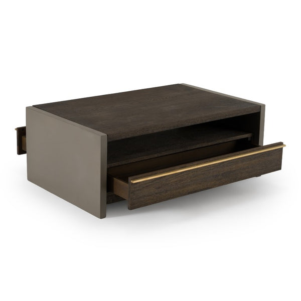 VIG Furniture June Solid Walnut Coffee Table With Dark Grey Concrete Panels, Brass Handles, Drawer & 550Lb Capacity VGGR639081-WAL-CT
