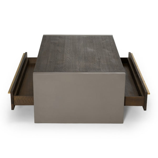 VIG Furniture June Solid Walnut Coffee Table With Dark Grey Concrete Panels, Brass Handles, Drawer & 550Lb Capacity VGGR639081-WAL-CT