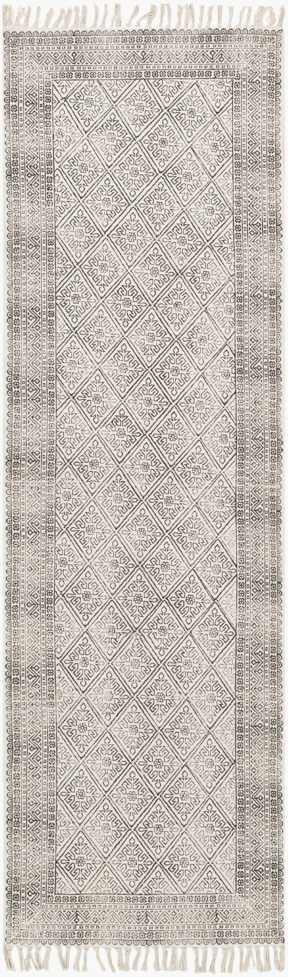 Livabliss July Handmade Cotton Flatweave Area Rug with Fringe Detail for Entryway or Bath Black, Beige 2'6" x 8' JUY2300-268