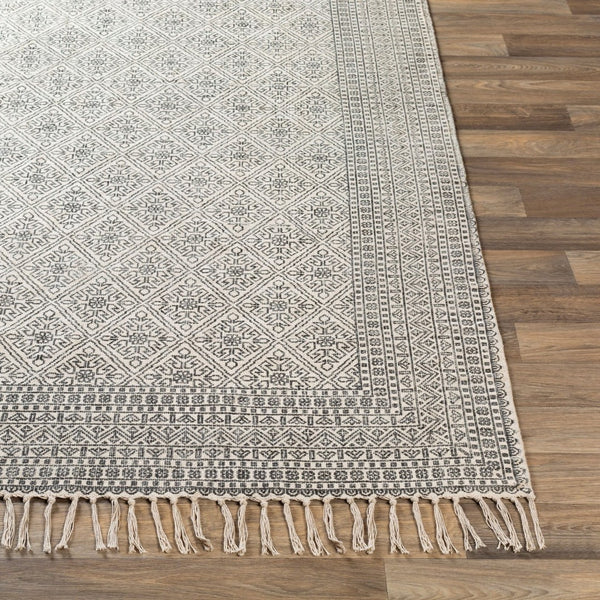 Livabliss July Handmade Cotton Flatweave Area Rug with Fringe Detail for Entryway or Bath Black, Beige 2'6" x 8' JUY2300-268