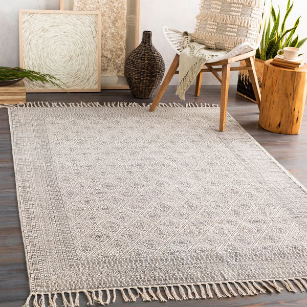 Livabliss July Handmade Cotton Flatweave Area Rug with Fringe Detail for Entryway or Bath Black, Beige 2' x 3' JUY2300-23