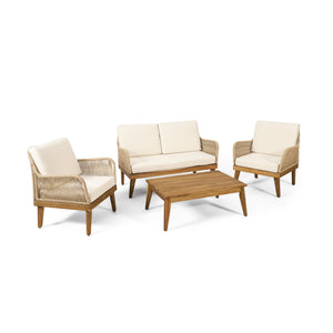 English Elm Christopher Knight Home® - Outdoor Teak Acacia 4-Piece Chat Set with Rope Weave, Water-Resistant Cushions, Loveseat & 2 Chairs 73424.00LBGE