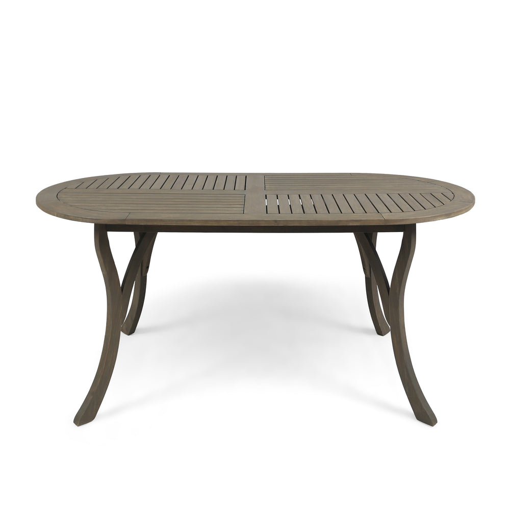 English Elm Acacia Wood Oval Outdoor Dining Table Weathered Gray Slatted Top Seats Six 62917.00GRY