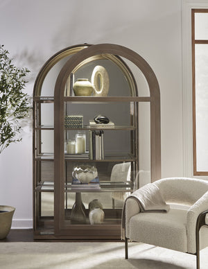 Hooker Furniture Arch Curio Cabinet With Glass Sliding Door – Elegant Arched Design For Sophisticated Living Spaces Brown Oak Veneer P021787