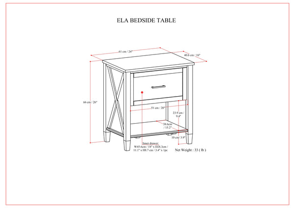 English Elm Ela Smoky Brown Bedside Table – Handcrafted Solid Wood, Shaker Drawer, X-Side Detail, Versatile End Table B136P158609