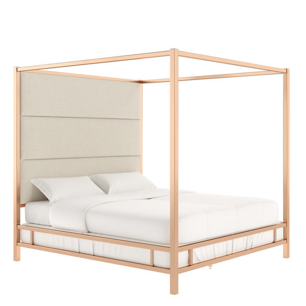 Homelegance By Top-Line Marcel Champagne Gold Canopy Bed with Linen Panel Headboard Champage Gold Metal