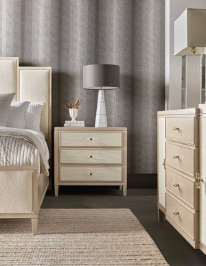 Hooker Furniture Melange Tiered Queen Panel Bed With Randall Sea Salt Upholstery And Polished Limestone Oak Finish 90.75 L x 79.50W x 63.00H 628-90266-001-80