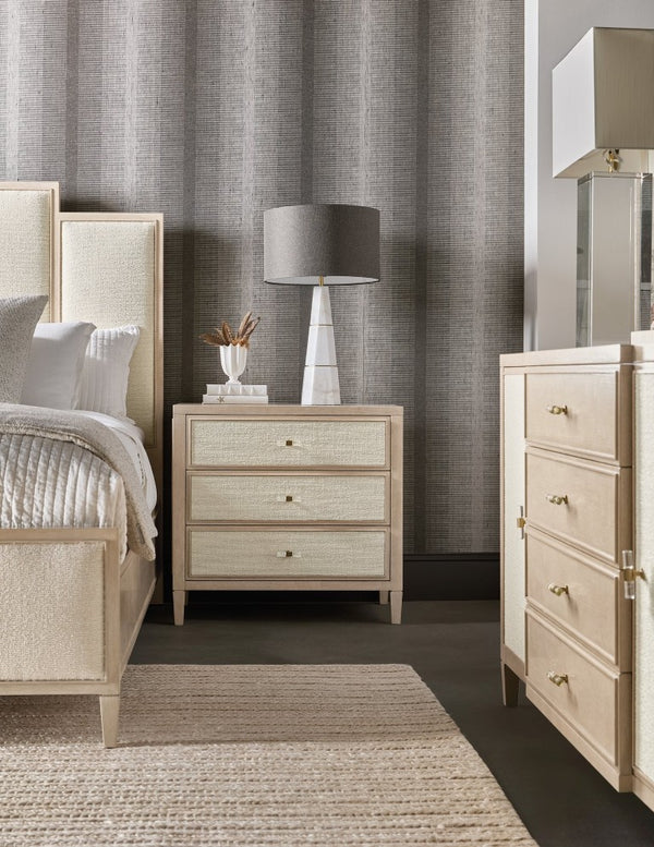 Hooker Furniture Melange Tiered Queen Panel Bed With Randall Sea Salt Upholstery And Polished Limestone Oak Finish 90.75 L x 79.50W x 63.00H 628-90266-001-80