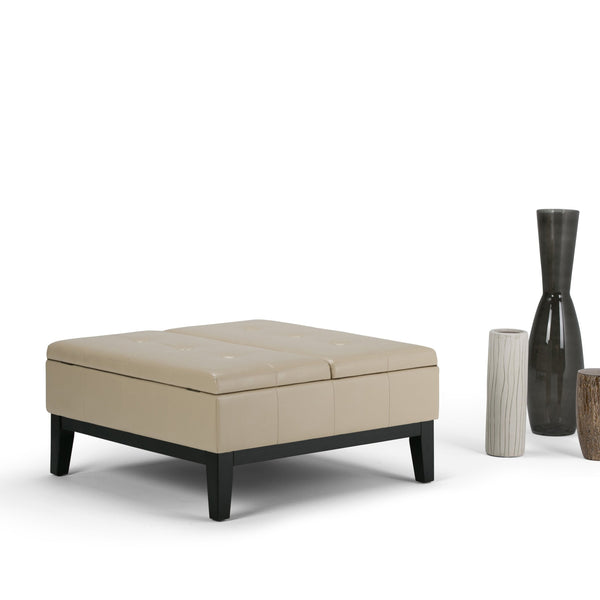 English Elm Dover - Elegant Square Storage Ottoman Coffee Table In Satin Cream Vegan Leather With Tufted Top B136P159050