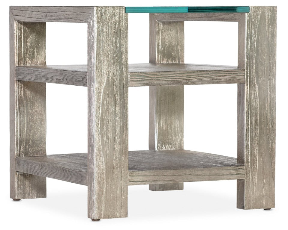 Hooker Furniture Melange Saber End Table With Tempered Glass, Silver Leaf Pine Veneer, Two Shelves For Small Spaces 628-80551-95