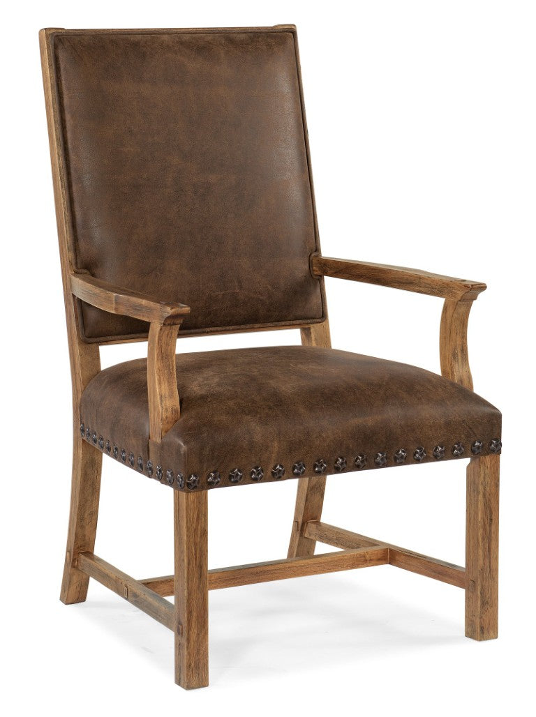 Hooker Furniture Big Sky Host Chair Rustic Aniline Leather Dining Host With Crosshatch Back, Nailhead Trim, Hickory Finish 6700-75300-80