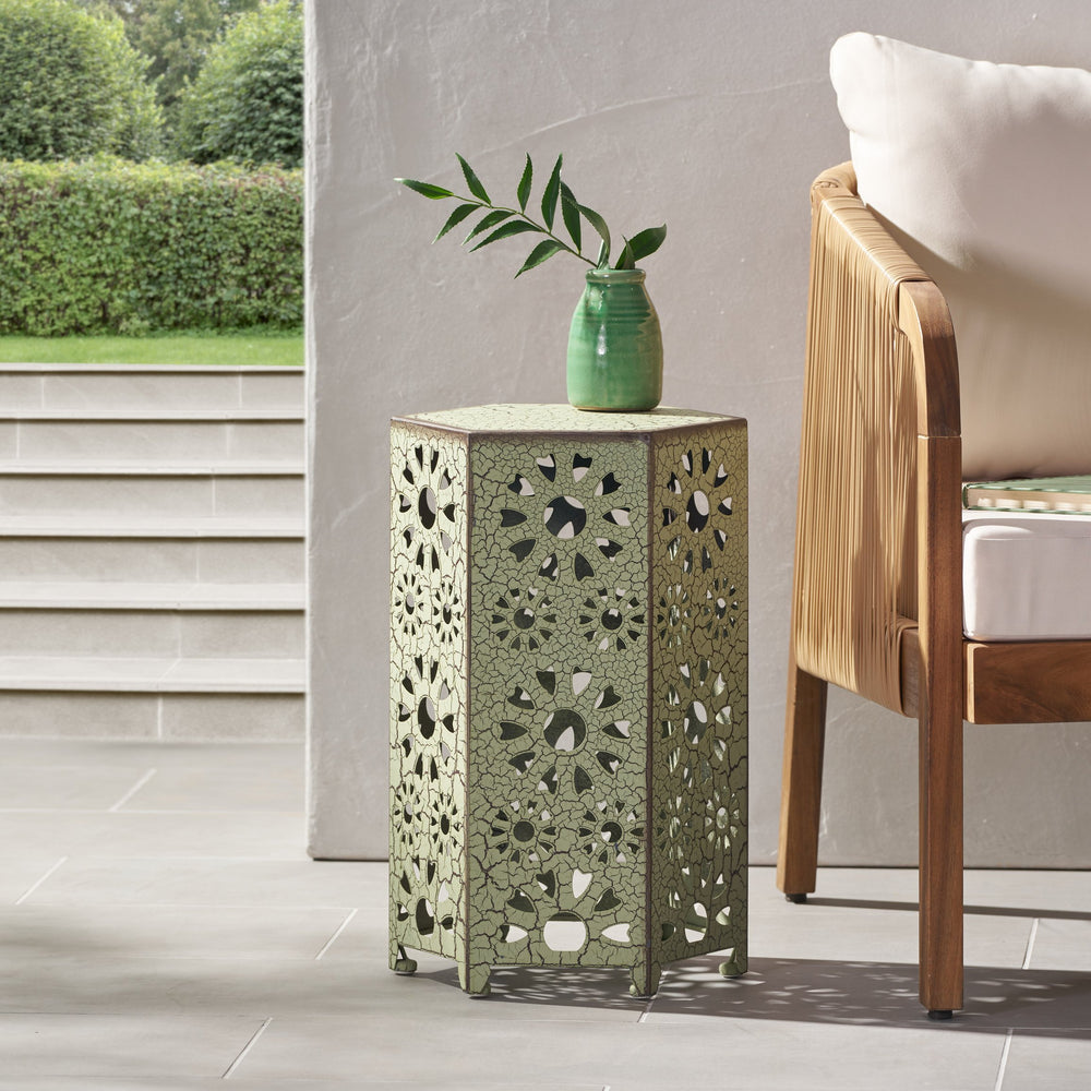 English Elm Eliana Wrought Iron Outdoor Side Table Sunburst Cutout Design for Patio and Balcony Green 60816.00CGRN