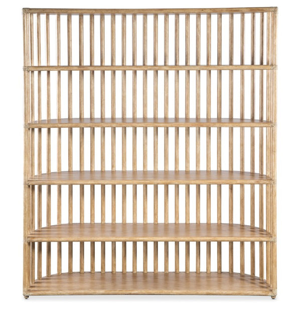 Hooker Furniture Retreat Slatted Bookcase With Curved Sides & Rope Accents — Dune Oak Veneer, Freestanding Display Shelf Light Wood 6950-10446-80