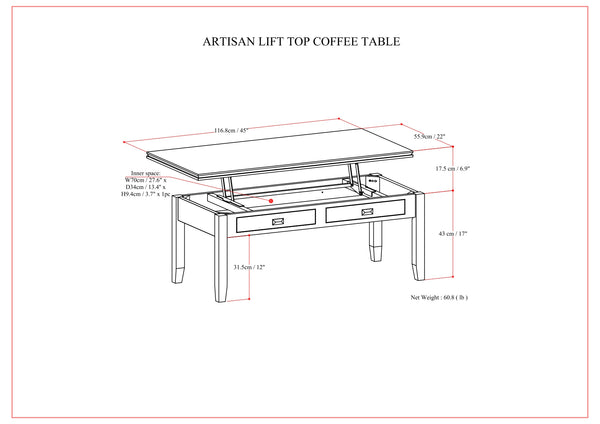 English Elm Artisan Lift Top Coffee Table - Rich Russet Brown With Hidden Storage For Living Room Elegance B136P158380